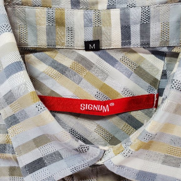 Signum Shirt Mens Medium Earth Tones Short Sleeve Casual Button Up Big Buttons - Picture 2 of 16